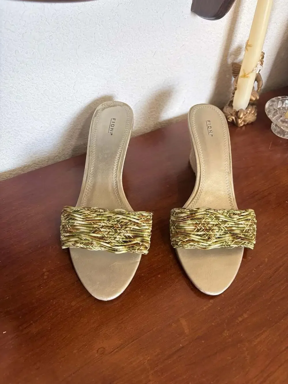 Fioni Gold Braided Wedge Sandals Mules
